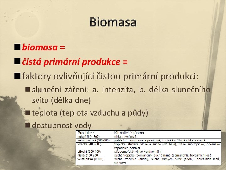 Biomasa n biomasa = n čistá primární produkce = n faktory ovlivňující čistou primární