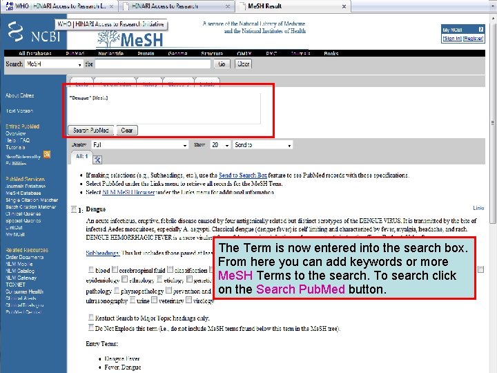 Dengue 5 The Term is now entered into the search box. From here you