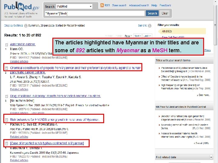 Geographical Me. SH terms 7 The articles highlighted have Myanmar in their titles and