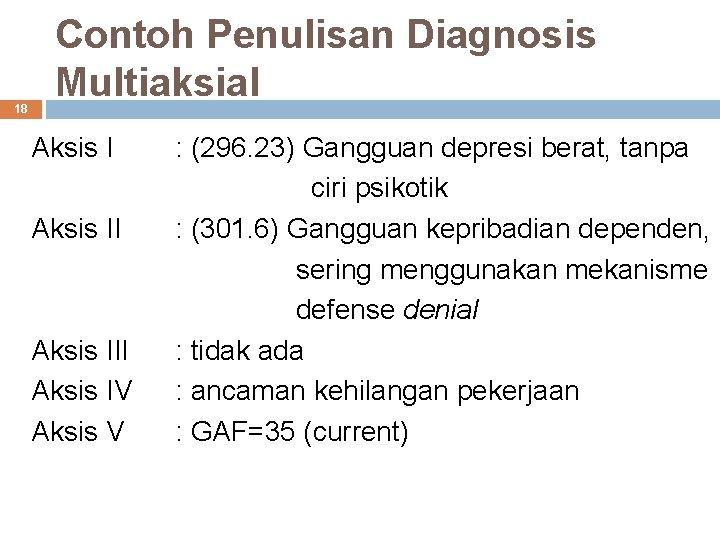 18 Contoh Penulisan Diagnosis Multiaksial Aksis III Aksis IV Aksis V : (296. 23)