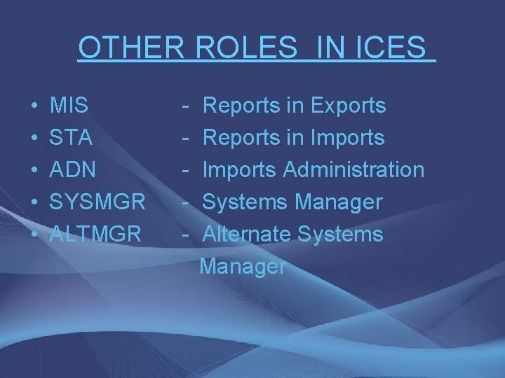 OTHER ROLES IN ICES • • • MIS STA ADN SYSMGR ALTMGR - Reports