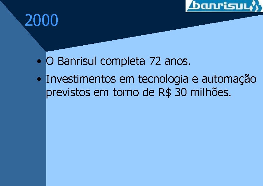 2000 • O Banrisul completa 72 anos. • Investimentos em tecnologia e automação previstos