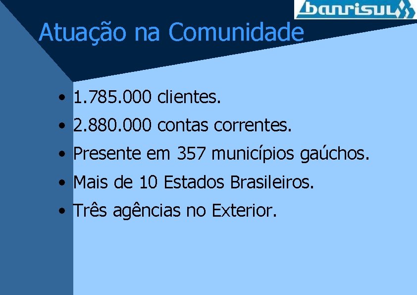 Atuação na Comunidade • 1. 785. 000 clientes. • 2. 880. 000 contas correntes.