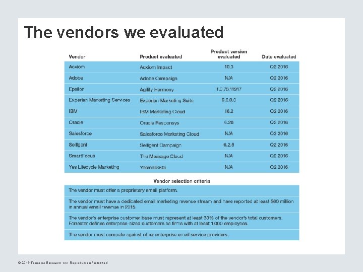 The vendors we evaluated © 2016 Forrester Research, Inc. Reproduction Prohibited 