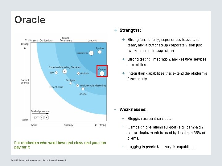 Oracle + Strengths: + Strong functionality, experienced leadership team, and a buttoned-up corporate vision