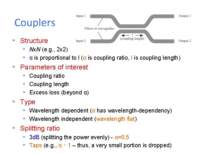 Couplers Structure Coupling ratio Coupling length Excess loss (beyond α) Type Nx. N (e.