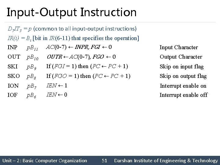 Input-Output Instruction D 7 IT 3 = p (common to all input‐output instructions) IR(i)