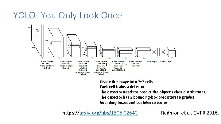 YOLO- You Only Look Once Divide the image into 7 x 7 cells. Each