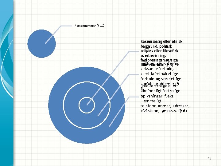 Personnummer (§ 11) Racemæssig eller etnisk baggrund, politisk, religiøs eller filosofisk overbevisning, fagforeningsmæssige Helbredsmæssige