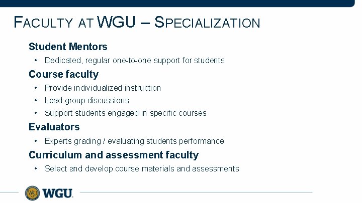 FACULTY AT WGU – SPECIALIZATION Student Mentors • Dedicated, regular one-to-one support for students