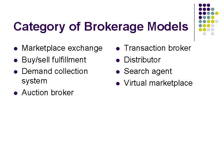 Category of Brokerage Models l l Marketplace exchange Buy/sell fulfillment Demand collection system Auction