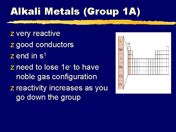 Alkali Metals (Group 1 A) z very reactive z good conductors z end in
