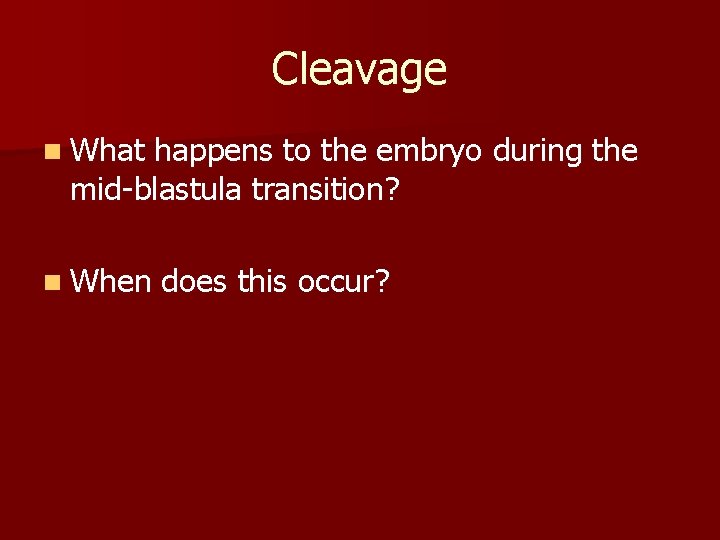 Cleavage n What happens to the embryo during the mid-blastula transition? n When does