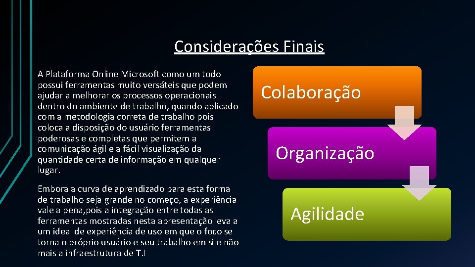 Considerações Finais A Plataforma Online Microsoft como um todo possui ferramentas muito versáteis que