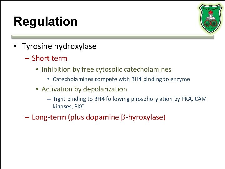 Regulation • Tyrosine hydroxylase – Short term • Inhibition by free cytosolic catecholamines •