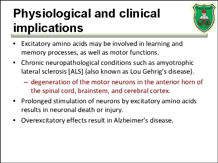 Physiological and clinical implications • Excitatory amino acids may be involved in learning and