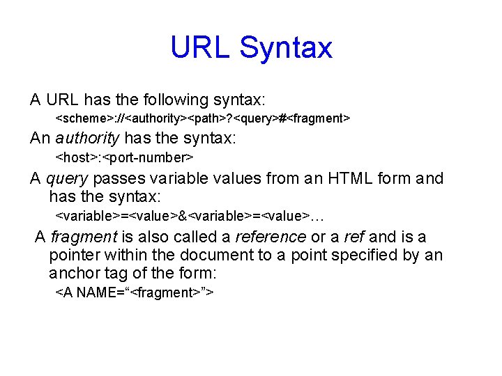 URL Syntax A URL has the following syntax: <scheme>: //<authority><path>? <query>#<fragment> An authority has