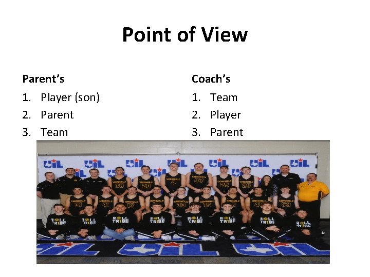 Point of View Parent’s 1. Player (son) 2. Parent 3. Team Coach’s 1. Team