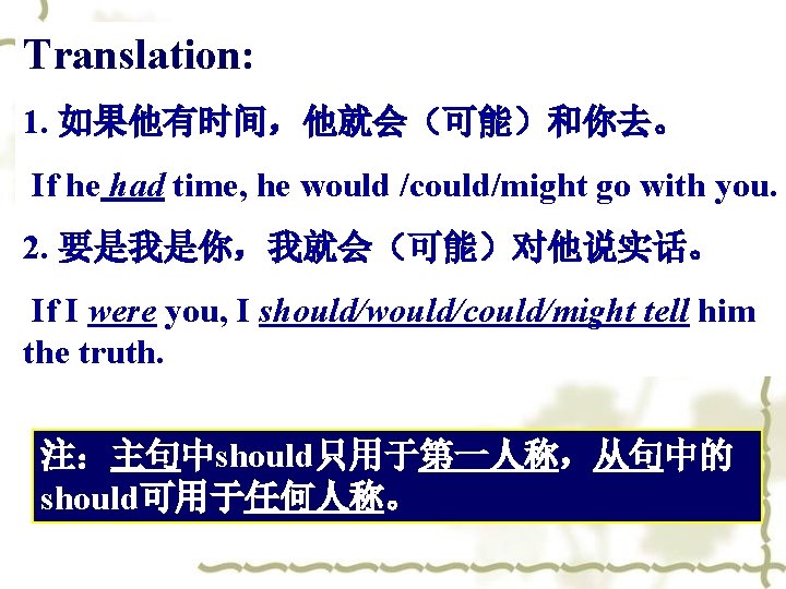 Translation: 1. 如果他有时间，他就会（可能）和你去。 If he had time, he would /could/might go with you. 2.