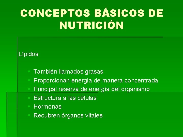 CONCEPTOS BÁSICOS DE NUTRICIÓN Lípidos § § § También llamados grasas Proporcionan energía de