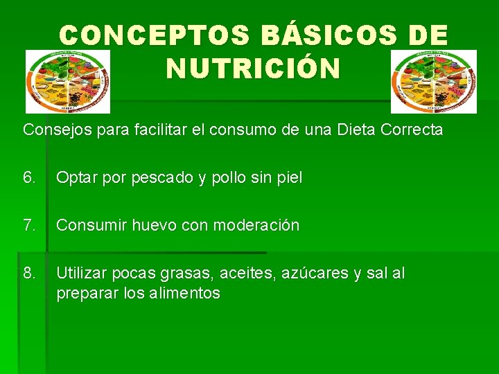 CONCEPTOS BÁSICOS DE NUTRICIÓN Consejos para facilitar el consumo de una Dieta Correcta 6.