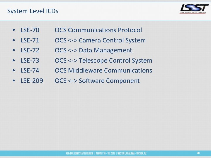 System Level ICDs • • • LSE-70 LSE-71 LSE-72 LSE-73 LSE-74 LSE-209 OCS Communications