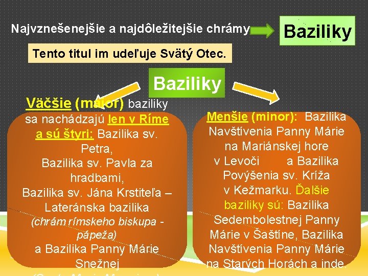 Najvznešenejšie a najdôležitejšie chrámy Baziliky Tento titul im udeľuje Svätý Otec. Baziliky Väčšie (maior)