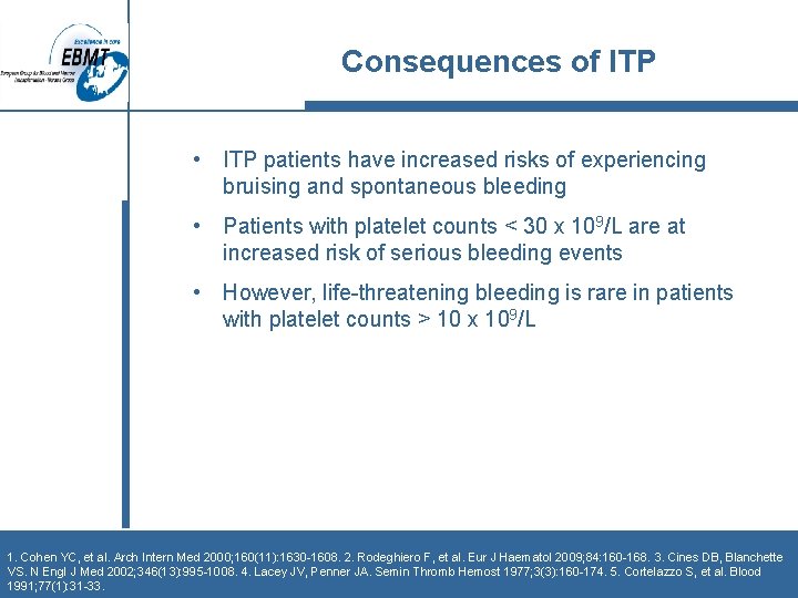 Consequences of ITP • ITP patients have increased risks of experiencing bruising and spontaneous