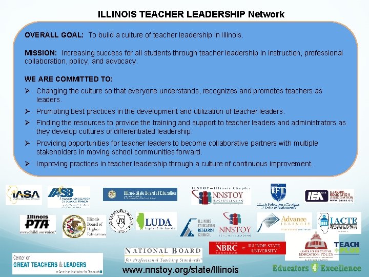 ILLINOIS TEACHER LEADERSHIP Network OVERALL GOAL: To build a culture of teacher leadership in