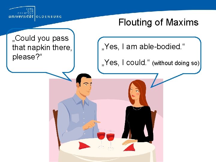 Flouting of Maxims „Could you pass that napkin there, please? “ „Yes, I am