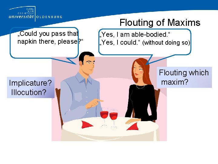 Flouting of Maxims „Could you pass that napkin there, please? “ Implicature? Illocution? „Yes,