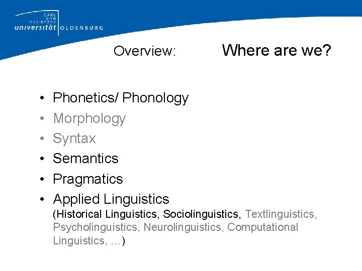 Overview: • • • Where are we? Phonetics/ Phonology Morphology Syntax Semantics Pragmatics Applied