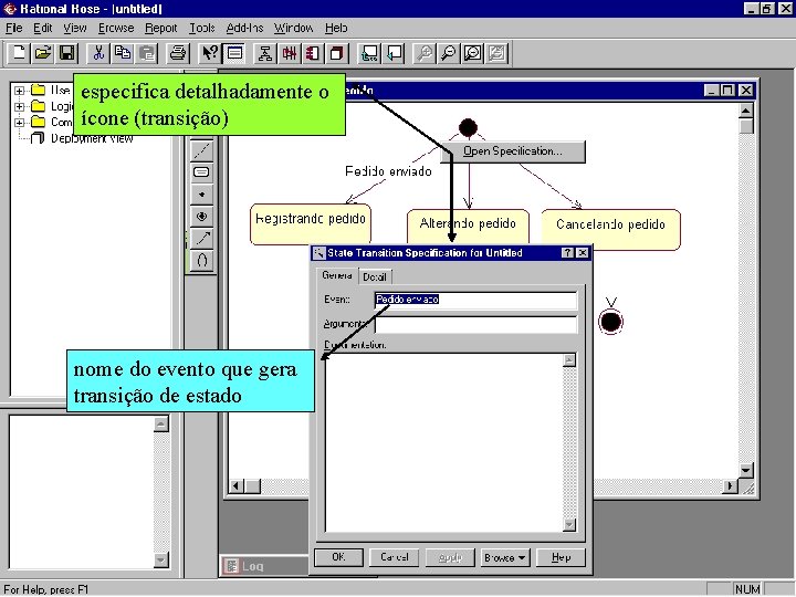 especifica detalhadamente o ícone (transição) nome do evento que gera transição de estado 