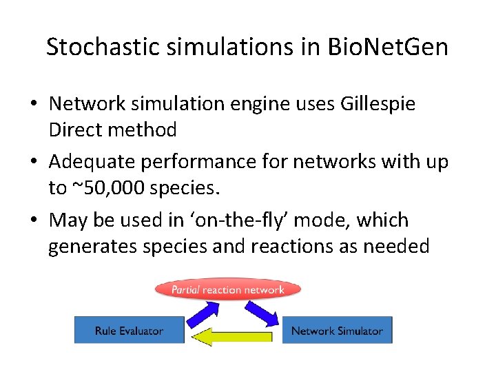 Stochastic simulations in Bio. Net. Gen • Network simulation engine uses Gillespie Direct method