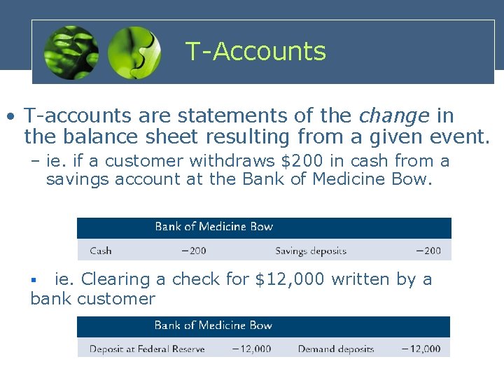 T-Accounts • T-accounts are statements of the change in the balance sheet resulting from