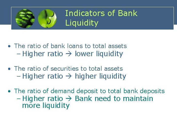 Indicators of Bank Liquidity • The ratio of bank loans to total assets –