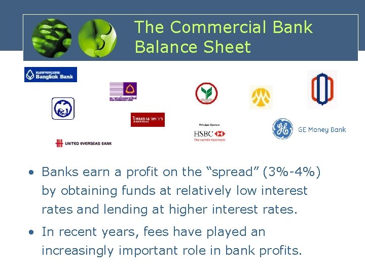 The Commercial Bank Balance Sheet • Banks earn a profit on the “spread” (3%-4%)