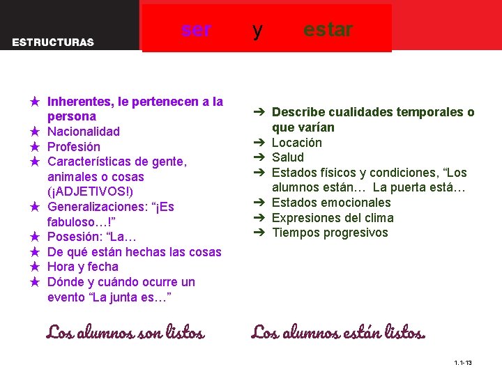 ser y 1. 1 The present tense ★ Inherentes, le pertenecen a la persona ser y 1. 1 The present tense ★ Inherentes, le pertenecen a la persona