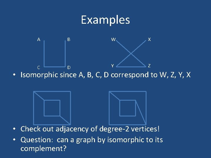 Examples A B W X C D Y Z • Isomorphic since A, B,