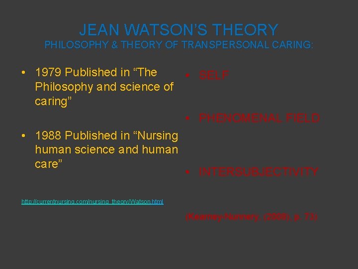 JEAN WATSON’S THEORY PHILOSOPHY & THEORY OF TRANSPERSONAL CARING: • 1979 Published in “The