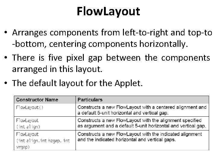 Flow. Layout • Arranges components from left-to-right and top-to -bottom, centering components horizontally. •