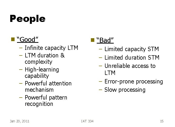 People g “Good” – Infinite capacity LTM – LTM duration & complexity – High-learning