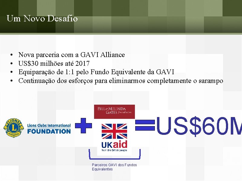 Um Novo Desafio • • Nova parceria com a GAVI Alliance US$30 milhões até