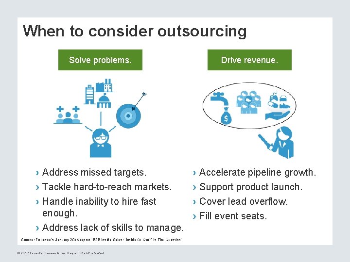 When to consider outsourcing Solve problems. › Address missed targets. › Tackle hard-to-reach markets.
