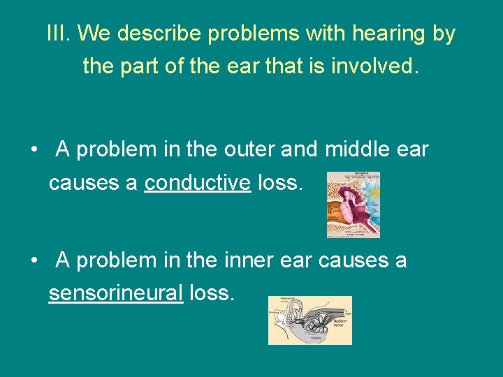 III. We describe problems with hearing by the part of the ear that is