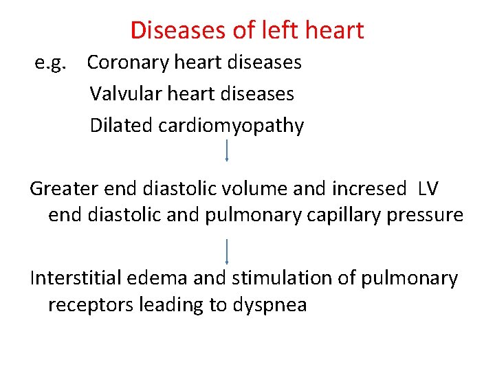 Diseases of left heart e. g. Coronary heart diseases Valvular heart diseases Dilated cardiomyopathy