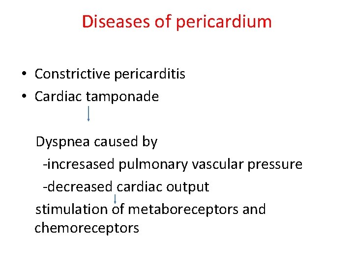 Diseases of pericardium • Constrictive pericarditis • Cardiac tamponade Dyspnea caused by -incresased pulmonary