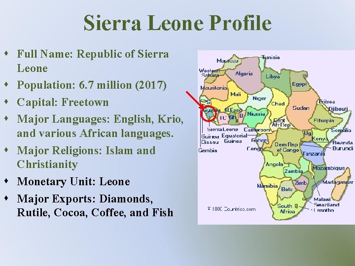 Sierra Leone Profile s Full Name: Republic of Sierra Leone s Population: 6. 7