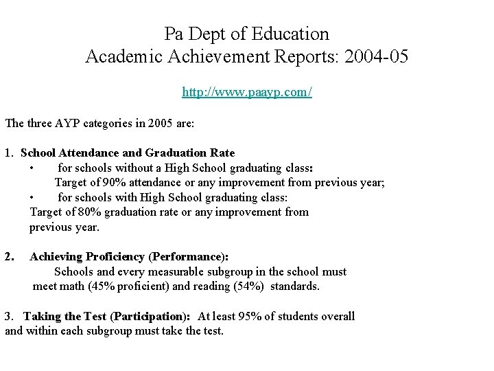 Pa Dept of Education Academic Achievement Reports: 2004 -05 http: //www. paayp. com/ The