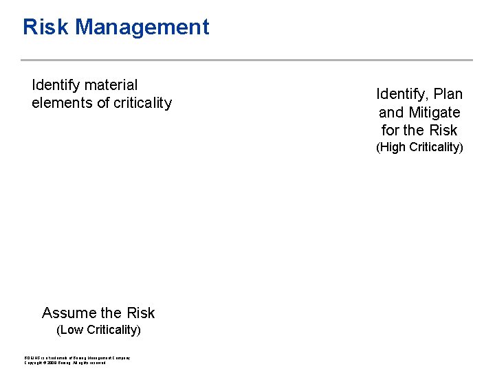 Risk Management Identify material elements of criticality Identify, Plan and Mitigate for the Risk